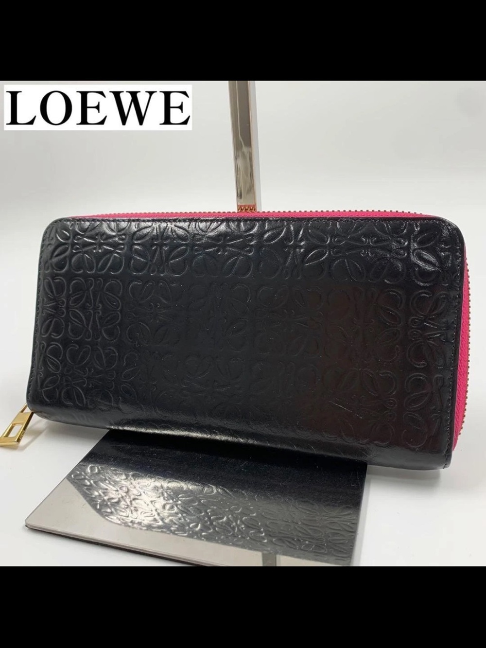 LOEWE Black Embossed Leather Zip Wallet with Pink Zipper